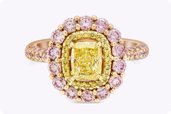 GIA Certified 1.01 Carats Cushion Cut Yellow Diamond Double Halo Engagement Ring in Yellow Gold & Rose Gold