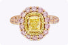 GIA Certified 1.01 Carats Cushion Cut Fancy Yellow Diamond Double Halo Engagement Ring in Yellow Gold and Rose Gold