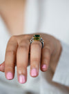 GIA Certified 8.02 Carats Cushion Cut Green Emerald and Diamond Three Stone Engagement Ring in Yellow Gold and Platinum
