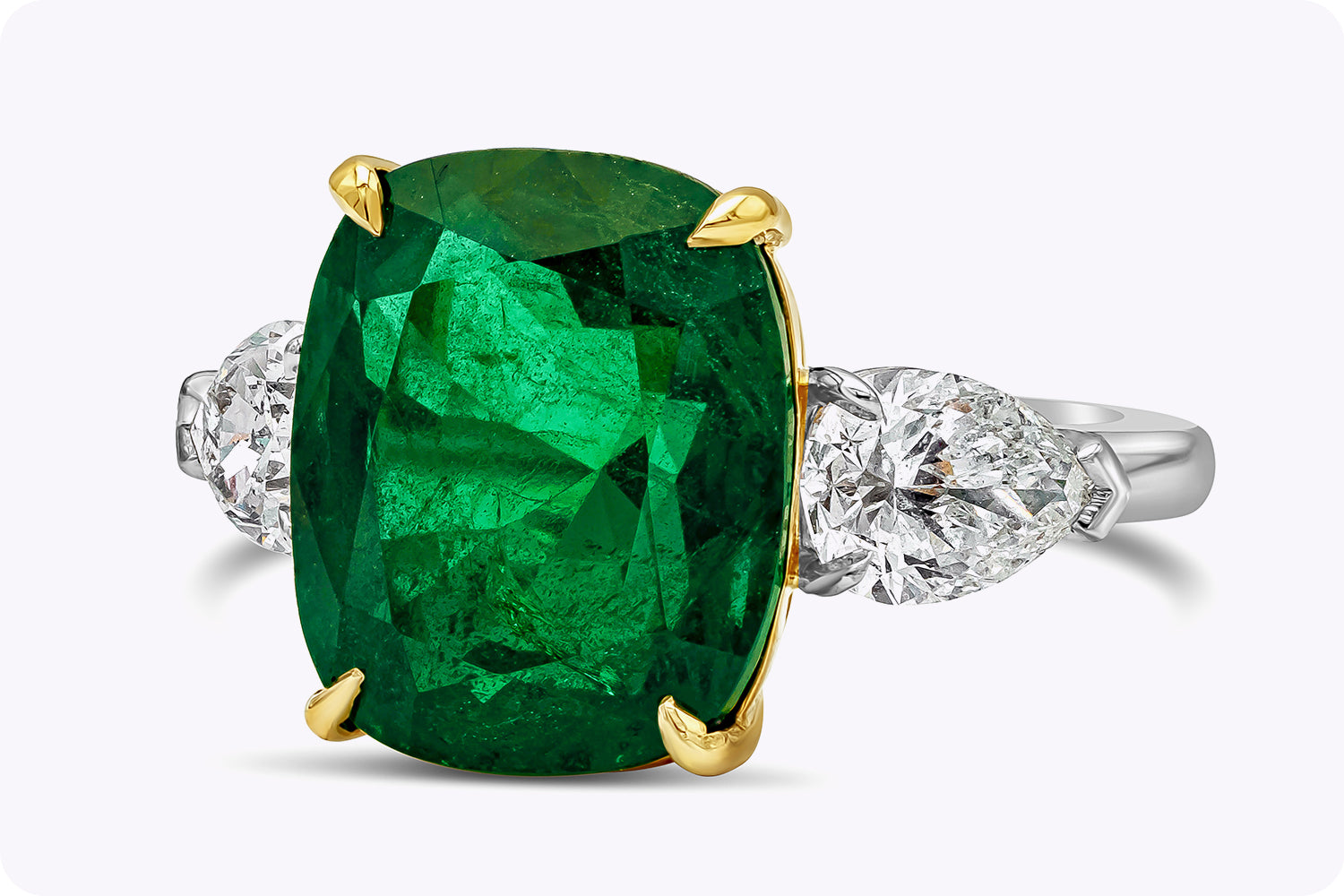 GIA Certified 8.02 Carats Cushion Cut Emerald & Diamond Three-Stone Engagement Ring in Yellow Gold & Platinum