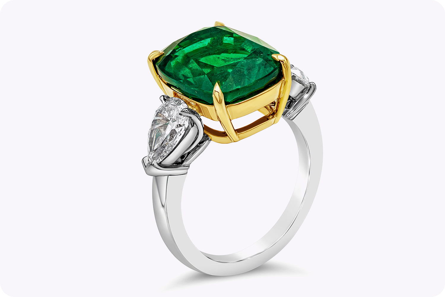 GIA Certified 8.02 Carats Cushion Cut Emerald & Diamond Three-Stone Engagement Ring in Yellow Gold & Platinum