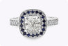 GIA Certified 1.42 Carats Cushion Cut Diamond & Sapphire Halo Engagement Ring in Platinum