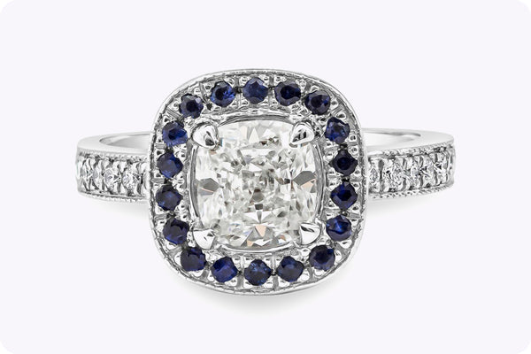 GIA Certified 1.42 Carats Cushion Cut Diamond & Sapphire Halo Engagement Ring in Platinum