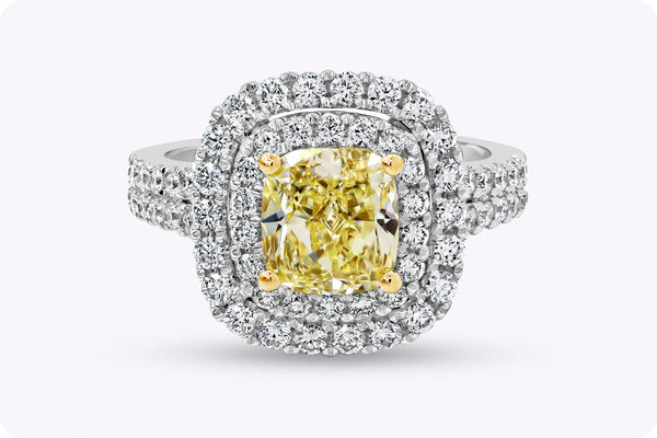 GIA Certified 2.02 Carats Yellow Diamond Double Halo Engagement Ring in Two-Tone Gold