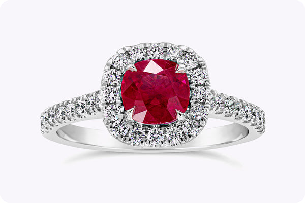 1.15 Carats Cushion Cut Burmese Ruby Diamond Halo Engagement Ring in White Gold