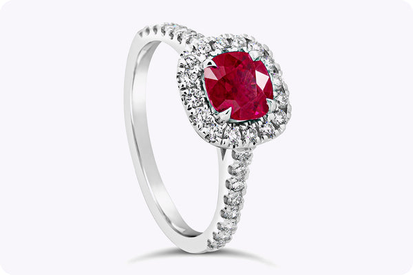 1.15 Carats Cushion Cut Burmese Ruby Diamond Halo Engagement Ring in White Gold