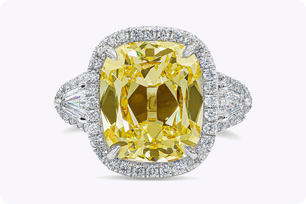 GIA Certified 6.47 Carats Cushion Cut Yellow Diamond Three-Stone Halo Engagement Ring in Yellow Gold & Platinum