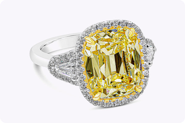 GIA Certified 6.47 Carats Cushion Cut Yellow Diamond Three-Stone Halo Engagement Ring in Yellow Gold & Platinum