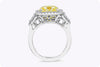 6.47 Carat Cushion Cut Yellow Diamond Three-Stone Halo Engagement Ring in Yellow Gold & Platinum