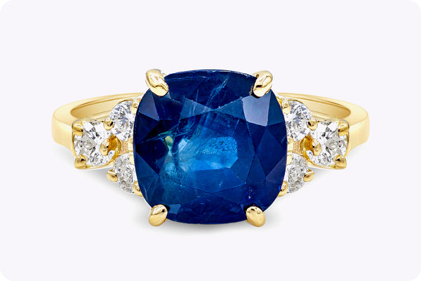 3.75 Carats Cushion Cut Blue Sapphire & Diamond Engagement Ring in Yellow Gold