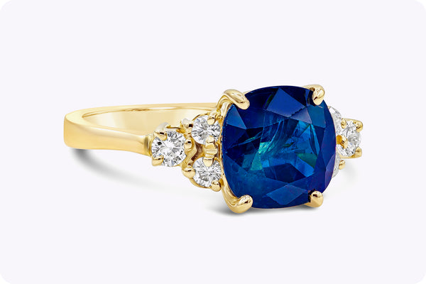 3.75 Carats Cushion Cut Blue Sapphire & Diamond Engagement Ring in Yellow Gold