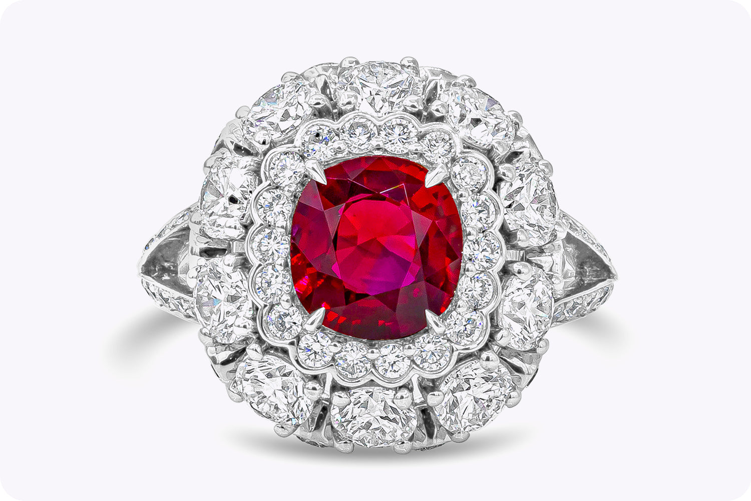 1.69 Carats Cushion Cut No-Heat Burmese Ruby & Diamond Halo Engagement Ring in Platinum