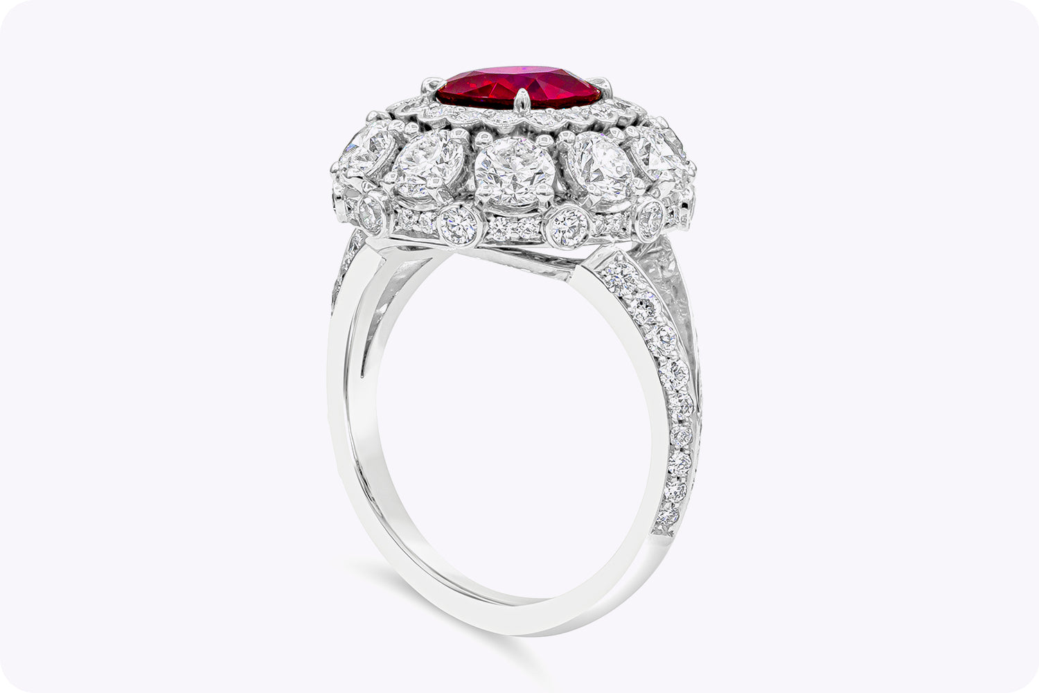 1.69 Carats Cushion Cut No-Heat Burmese Ruby & Diamond Halo Engagement Ring in Platinum