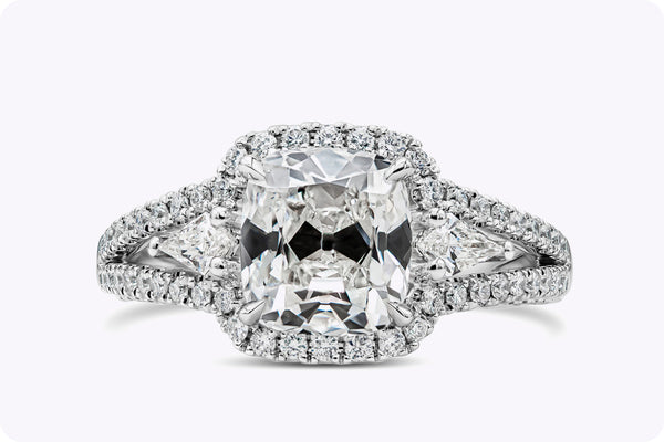 GIA Certified 2.22 Carats Cushion Cut Diamond Three-Stone Halo Engagement Ring in White Gold