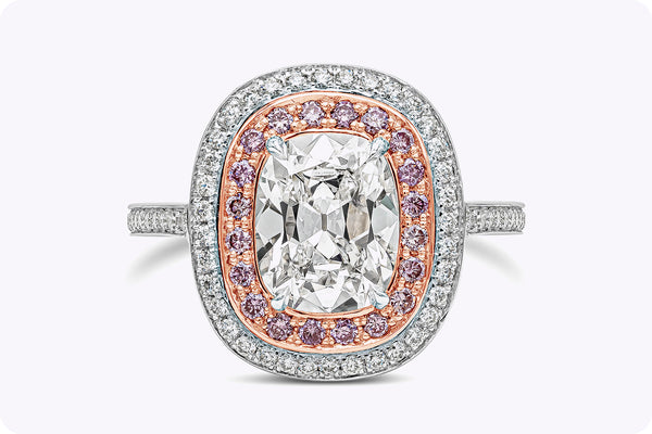 GIA Certified 2.09 Carats Cushion Cut Diamond Double Halo Engagement Ring in Platinum & Rose Gold