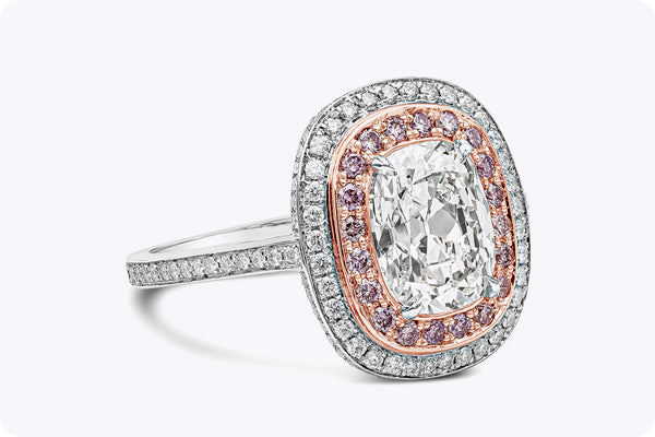 GIA Certified 2.09 Carats Cushion Cut Diamond Double Halo Engagement Ring in Platinum & Rose Gold