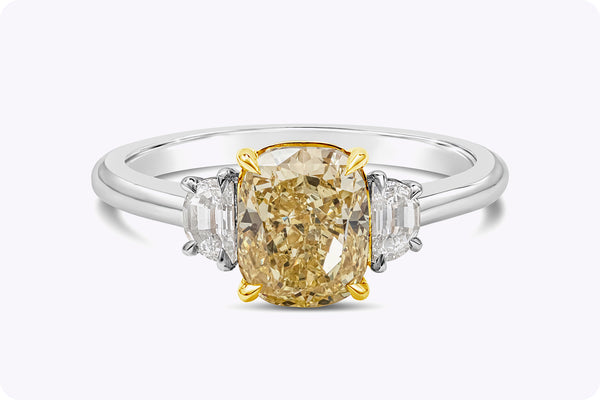 GIA Certified 2.03 Carats Yellow Diamond Three-Stone Engagement Ring in Yellow Gold & Platinum