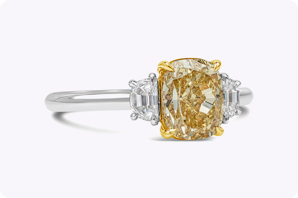 GIA Certified 2.03 Carats Yellow Diamond Three-Stone Engagement Ring in Yellow Gold & Platinum