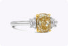 GIA Certified 2.03 Carats Fancy Intense Yellow Diamond Three-Stone Engagement Ring in Yellow Gold and Platinum