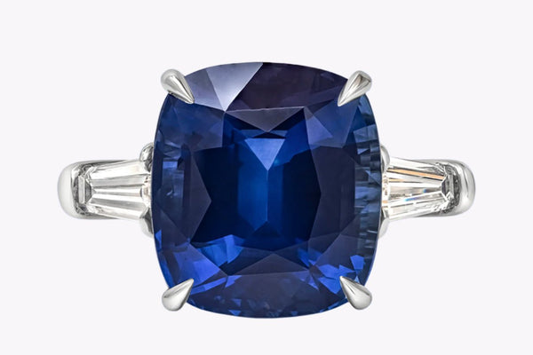 14.67 Carats Cushion Cut Blue Sapphire & Diamond Three-Stone Engagement Ring in Platinum