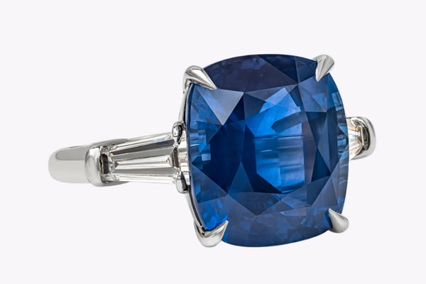 14.67 Carats Cushion Cut Blue Sapphire & Diamond Three-Stone Engagement Ring in Platinum