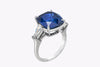 14.67 Carats Cushion Cut Blue Sapphire & Diamond Three-Stone Engagement Ring in Platinum