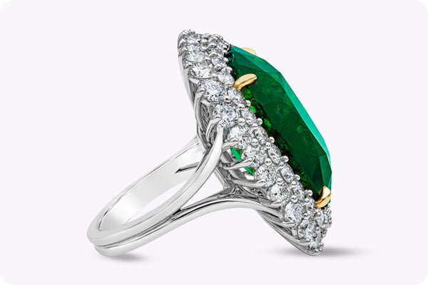 GIA Certified 24.75 Carats Cushion Cut Green Emerald & Diamond Halo Cocktail Ring in Platinum