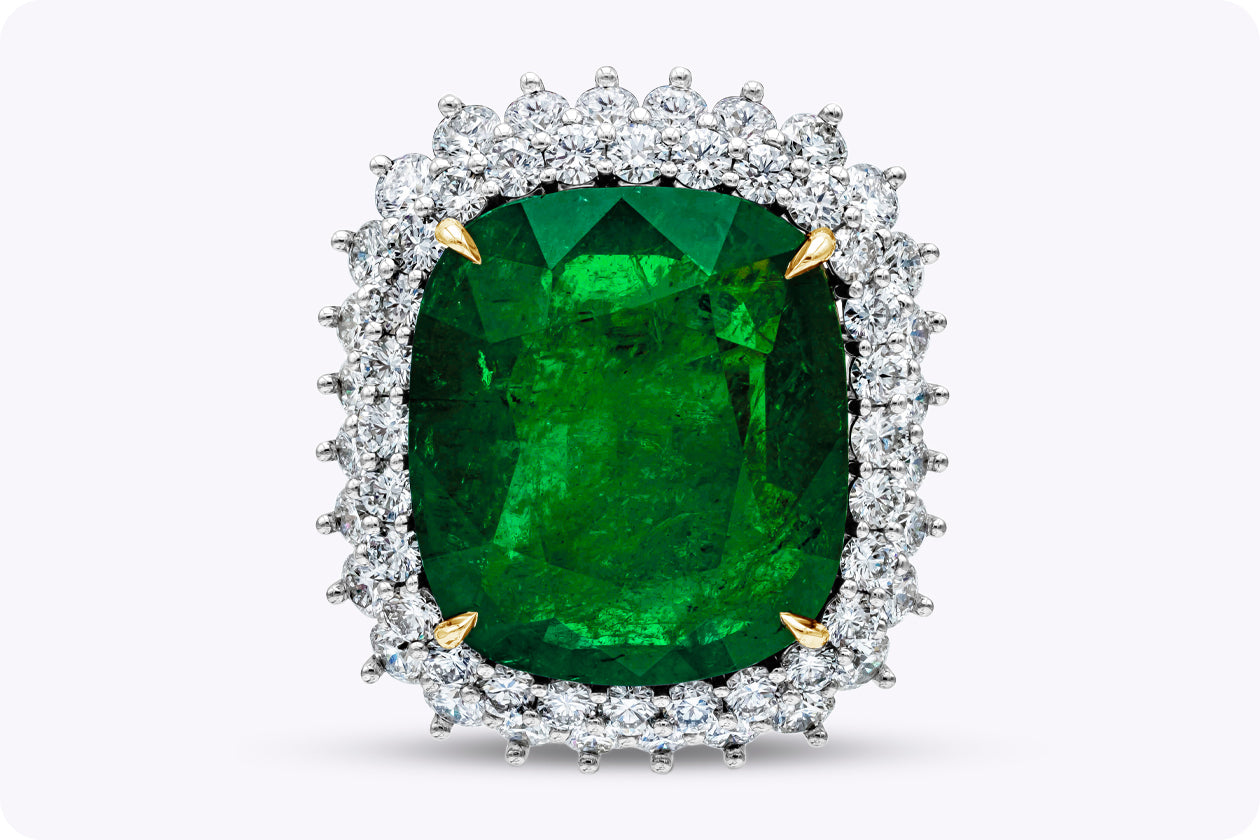 GIA Certified 24.75 Carats Cushion Cut Green Emerald & Diamond Halo Cocktail Ring in Platinum