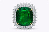 GIA Certified 24.75 Carats Cushion Cut Green Emerald & Diamond Halo Cocktail Ring in Platinum