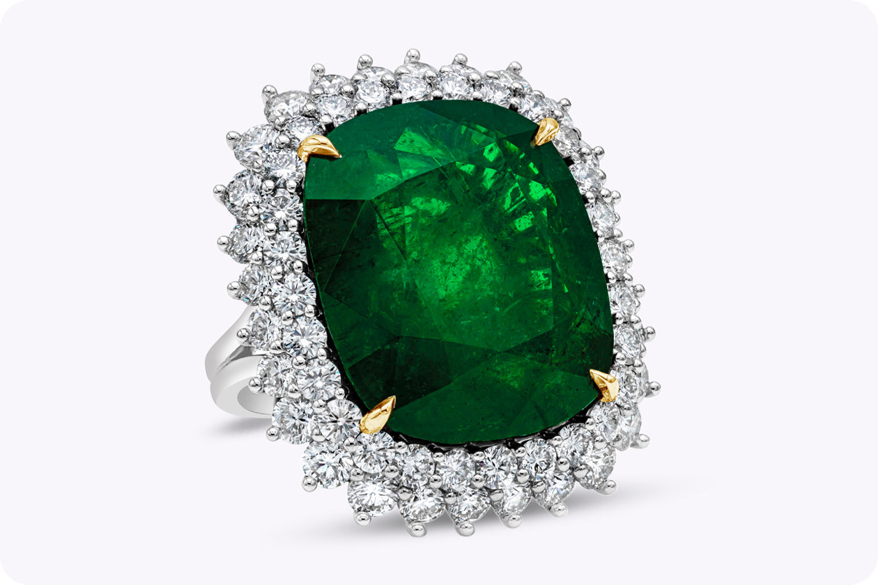 GIA Certified 24.75 Carats Cushion Cut Green Emerald & Diamond Halo Cocktail Ring in Platinum