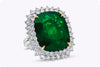 GIA Certified 24.75 Carats Cushion Cut Green Emerald & Diamond Halo Cocktail Ring in Platinum