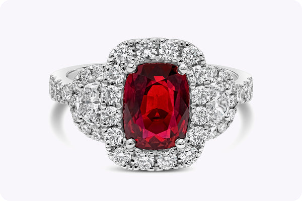 2.32 Carats Cushion Cut Ruby & Diamond Three-Stone Engagement Ring in White Gold