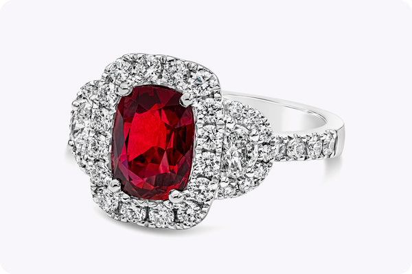 2.32 Carats Cushion Cut Ruby & Diamond Three-Stone Engagement Ring in White Gold