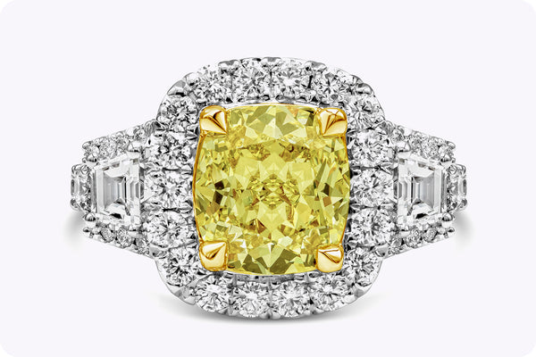 GIA Certified 2.26 Carats Cushion Cut Yellow Diamond Halo Engagement Ring in White Gold