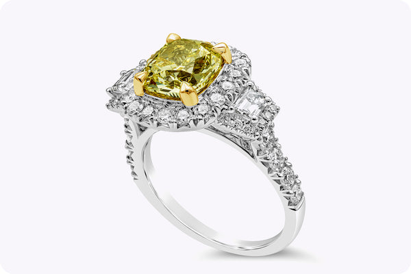 GIA Certified 2.26 Carats Cushion Cut Yellow Diamond Halo Engagement Ring in White Gold