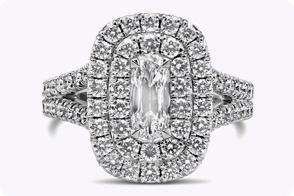 1.89 Carats Total Elongated Cushion Diamond Double Halo Engagement Ring in White Gold