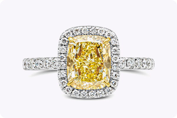 GIA Certified 2.03 Carats Cushion Cut Yellow Diamond Halo Engagement Ring in Platinum