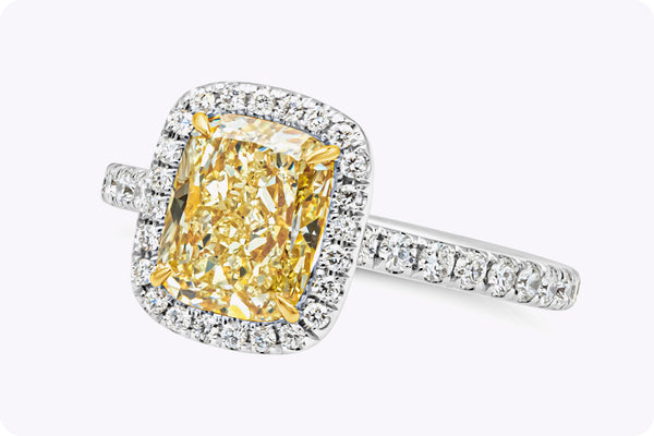 GIA Certified 2.03 Carats Cushion Cut Yellow Diamond Halo Engagement Ring in Platinum