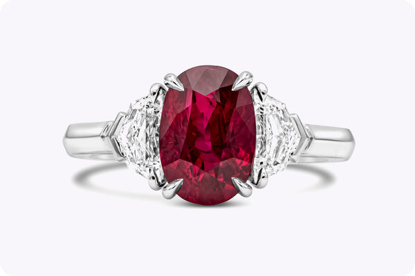 3.03 Carats Oval Cut Burmese Ruby & Diamond Three-Stone Engagement Ring in Platinum