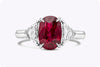 3.03 Carats Oval Cut Burmese Ruby with Diamond Three-Stone Engagement Ring in Platinum