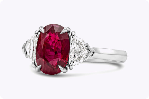 3.03 Carats Oval Cut Burmese Ruby & Diamond Three-Stone Engagement Ring in Platinum