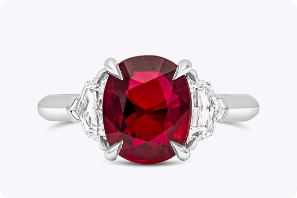 GIA Certified 4.02 Carats Cushion Cut Ruby & Diamond Three-Stone Engagement Ring in Platinum