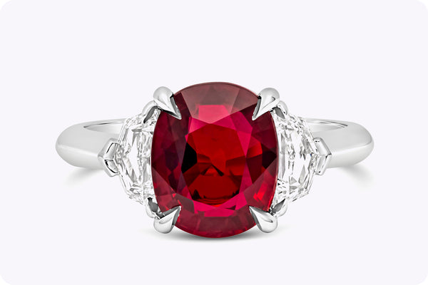 GIA Certified 4.02 Carats Cushion Cut Ruby & Diamond Three-Stone Engagement Ring in Platinum