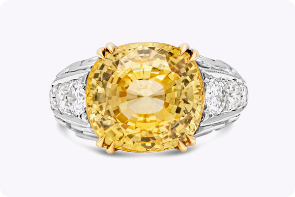 GIA Certified 13.01 Carats Cushion Cut Yellow Sapphire & Diamond Ring in Two-Tone Gold