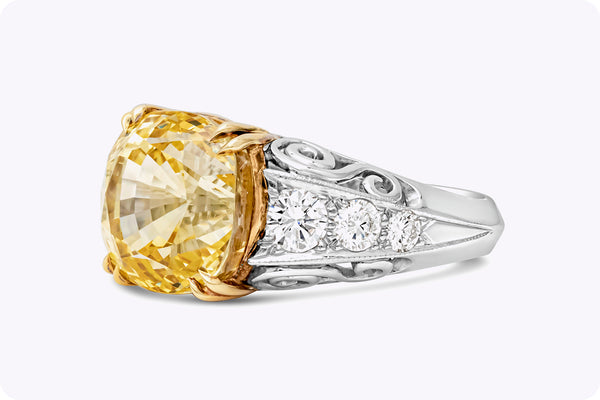 GIA Certified 13.01 Carats Cushion Cut Yellow Sapphire & Diamond Ring in Two-Tone Gold