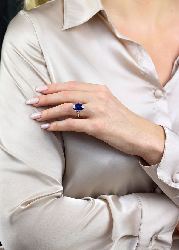 9.27 Carat Cushion Cut Blue Sapphire & Diamond Three-Stone Engagement Ring in Platinum