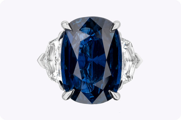 9.27 Carat Cushion Cut Blue Sapphire & Diamond Three-Stone Engagement Ring in Platinum