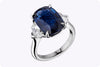 9.27 Carat Cushion Cut Blue Sapphire & Diamond Three-Stone Engagement Ring in Platinum