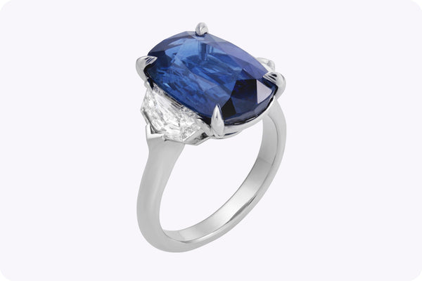 9.27 Carat Cushion Cut Blue Sapphire & Diamond Three-Stone Engagement Ring in Platinum
