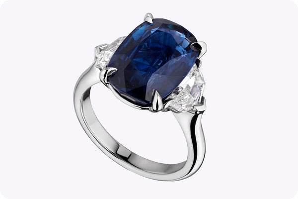 9.27 Carat Cushion Cut Blue Sapphire & Diamond Three-Stone Engagement Ring in Platinum